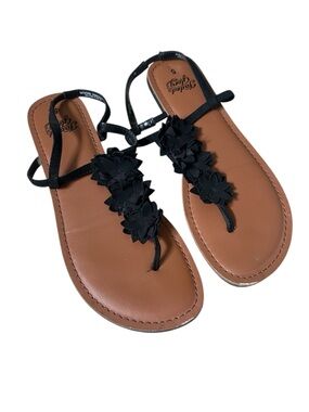 Faded Glory Black Floral T-Strap Sandals with Brown Footbed Sz 5